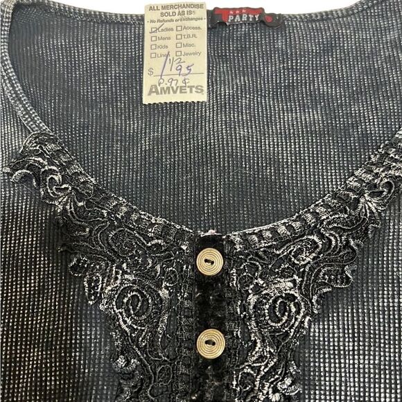 TParty top Henley velvet cotton blend black gray lace stretch Large - Picture 3 of 6